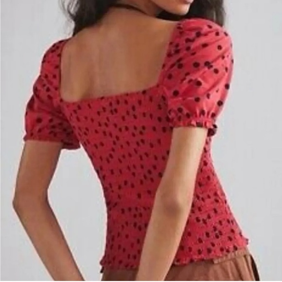 Puffed sleeved square neck smocked bodice red and navy polka dot top - Picture 4 of 6